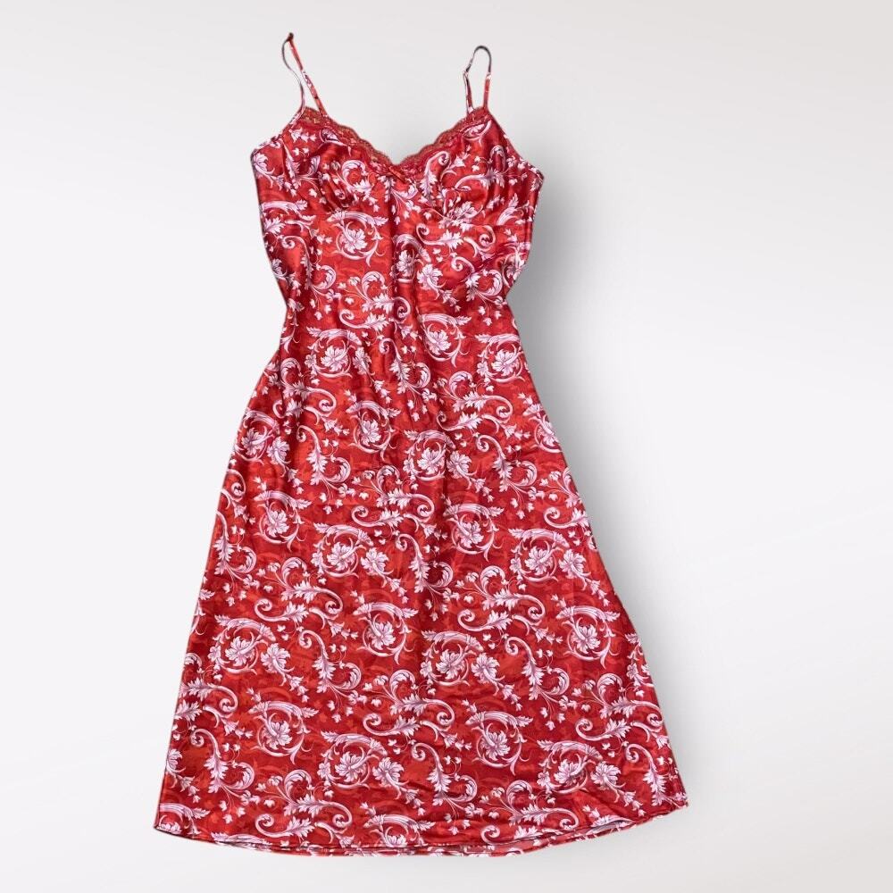 Adonna Satin Floral Adjustable‎ Maxi Slip Dress Womens Medium Red White Lace